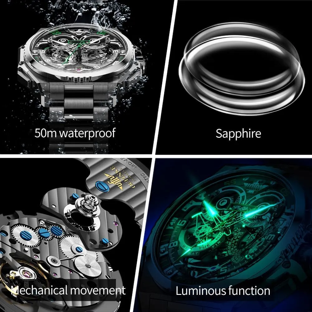 OUPINKE Watch for Men Automatic Wristwatch Sapphire Crystal Calendar Skeleton Luminous 3D Dial with 5ATM Waterproof Luxury Tungsten Steel Strap