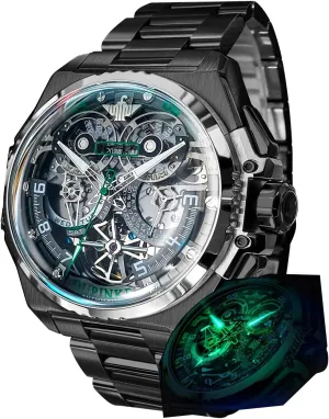 OUPINKE Watch for Men Automatic Wristwatch Sapphire Crystal Calendar Skeleton Luminous 3D Dial with 5ATM Waterproof Luxury Tungsten Steel Strap