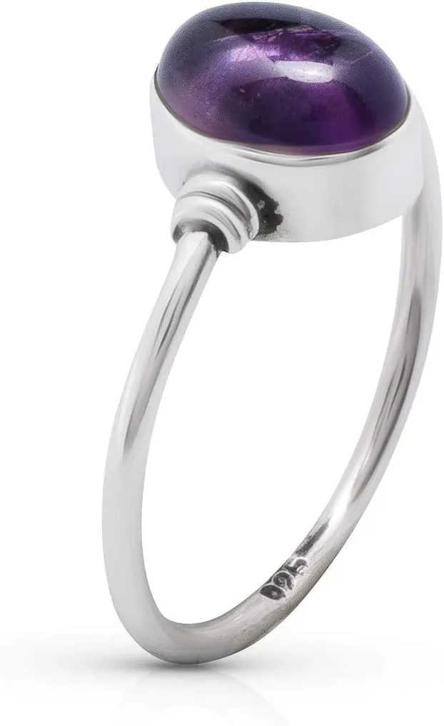 Oval Amethyst 925 Sterling Silver Ring - Delicate BOHO Chic Jewelry - Fashionable and Stylish for Women with Velvet Gift Bag/Box - Made by Indian Artisans - Size 5-9