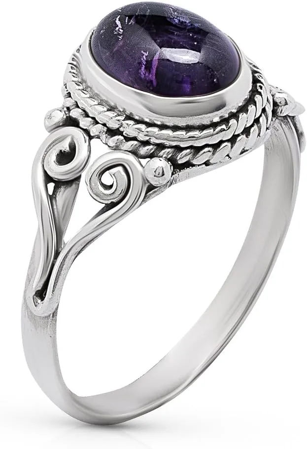 Oval Amethyst - 925 Sterling Silver Ring - Delicate BOHO Chic Jewelry - Fashionable and Stylish for Women with Velvet Gift Bag/Box - Made by Indian Artisans - Size 5-9