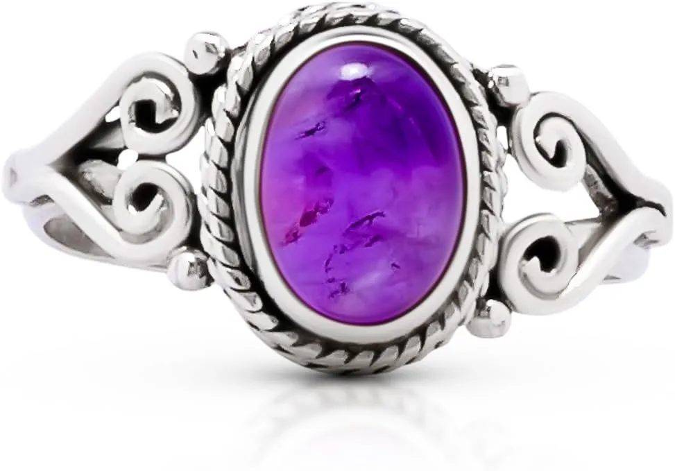 Oval Amethyst - 925 Sterling Silver Ring - Delicate BOHO Chic Jewelry - Fashionable and Stylish for Women with Velvet Gift Bag/Box - Made by Indian Artisans - Size 5-9