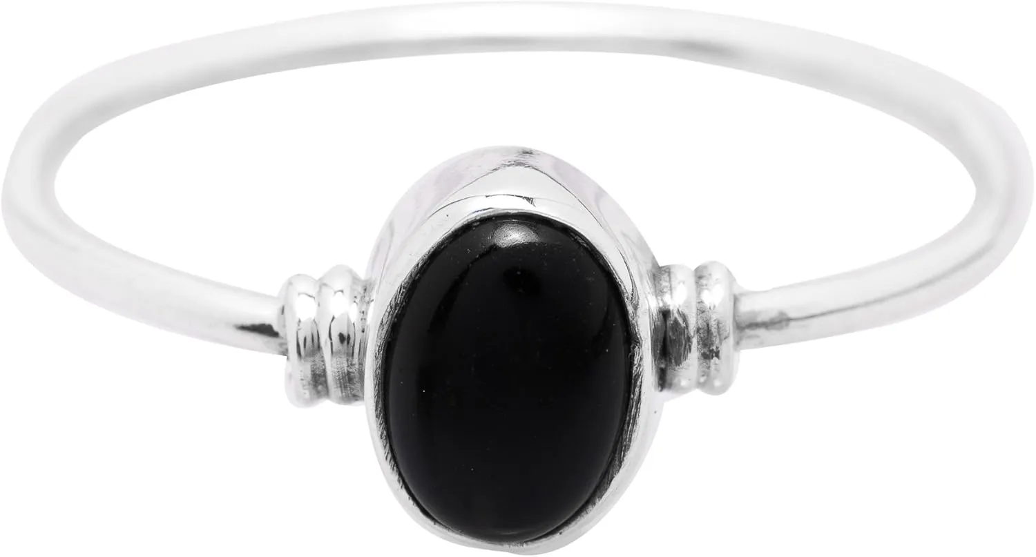 Oval Black onyx 925 Sterling Silver Ring - Delicate BOHO Chic Jewelry - Fashionable and Stylish for Women with Velvet Gift Bag/Box - Made by Indian Artisans - Size 5-10