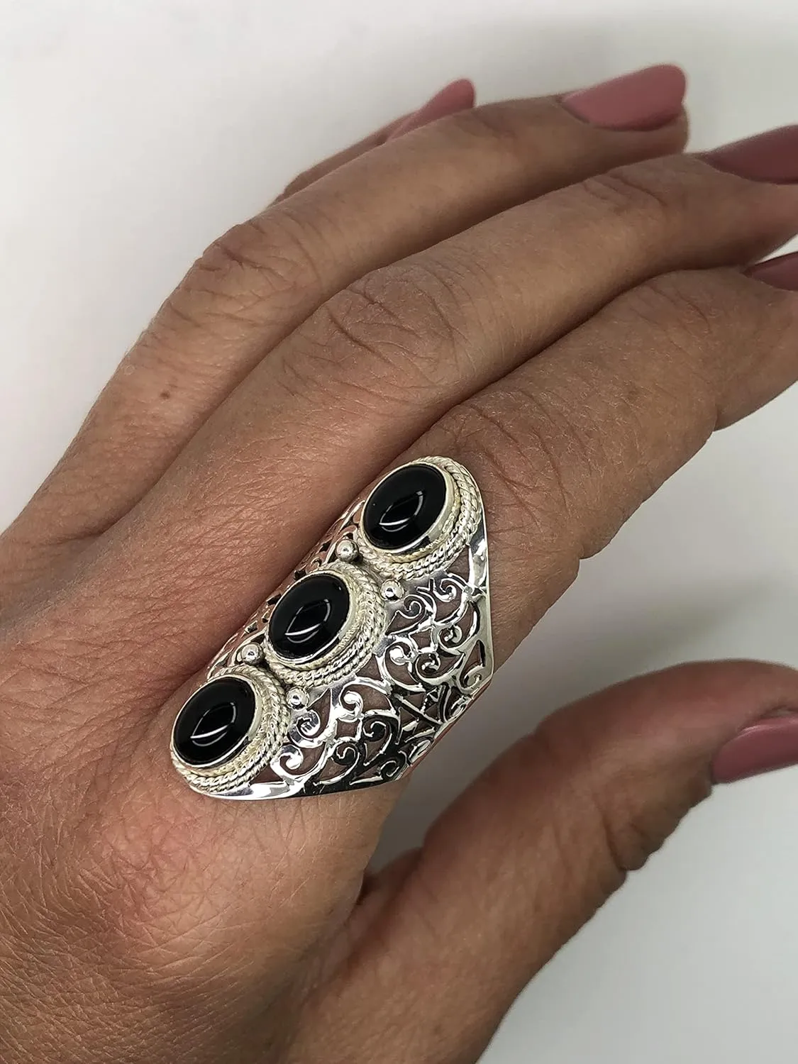 Oval Black onyx Multi Stone - 925 Sterling Silver Lace Ring - Gipsy BOHO Chic Jewelry - Fashionable and Stylish for Women with Velvet Gift Bag/Box - Made by Indian Artisans - Size 6-10