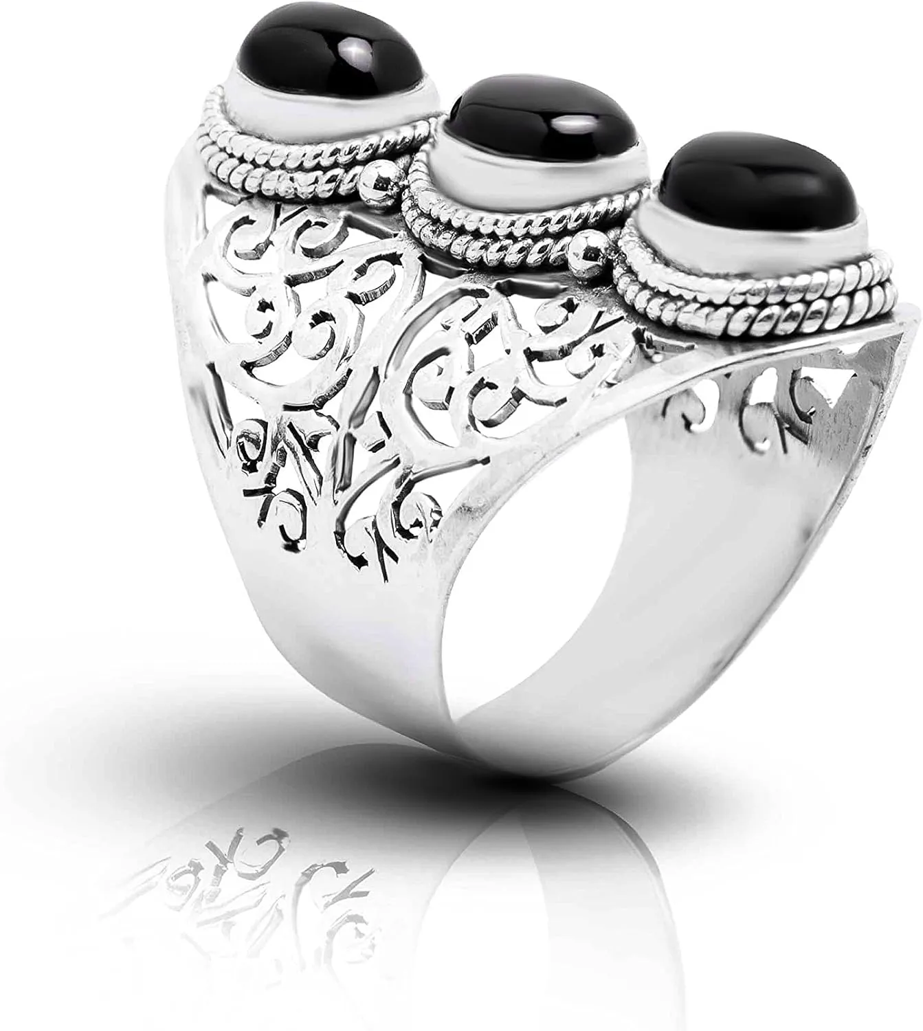 Oval Black onyx Multi Stone - 925 Sterling Silver Lace Ring - Gipsy BOHO Chic Jewelry - Fashionable and Stylish for Women with Velvet Gift Bag/Box - Made by Indian Artisans - Size 6-10