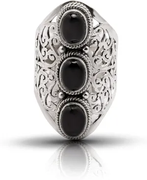 Oval Black onyx Multi Stone - 925 Sterling Silver Lace Ring - Gipsy BOHO Chic Jewelry - Fashionable and Stylish for Women with Velvet Gift Bag/Box - Made by Indian Artisans - Size 6-10