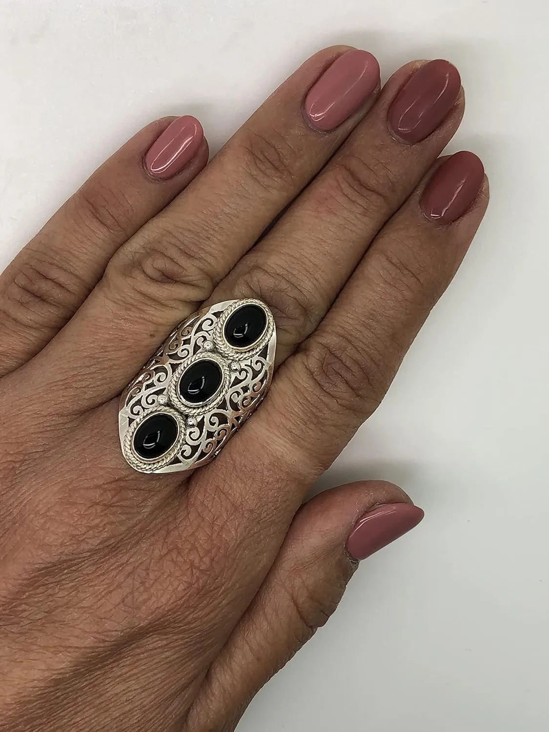Oval Black onyx Multi Stone - 925 Sterling Silver Lace Ring - Gipsy BOHO Chic Jewelry - Fashionable and Stylish for Women with Velvet Gift Bag/Box - Made by Indian Artisans - Size 6-10