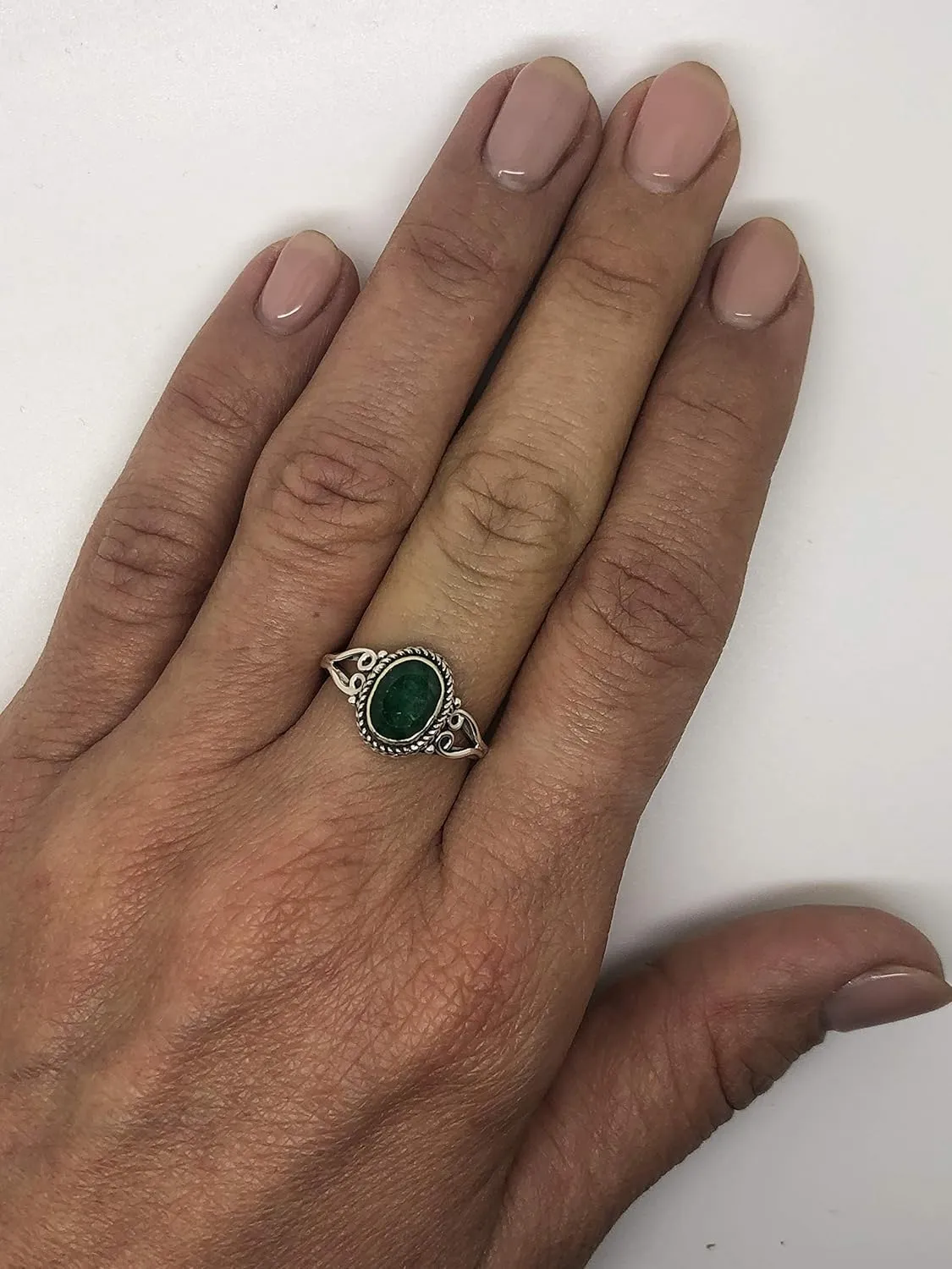 Oval Created Emerald - 925 Sterling Silver Ring - Delicate BOHO Chic Jewelry - Fashionable and Stylish for Women with Velvet Gift Bag/Box - Made by Indian Artisans - Size 6-9