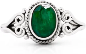 Oval Created Emerald - 925 Sterling Silver Ring - Delicate BOHO Chic Jewelry - Fashionable and Stylish for Women with Velvet Gift Bag/Box - Made by Indian Artisans - Size 6-9