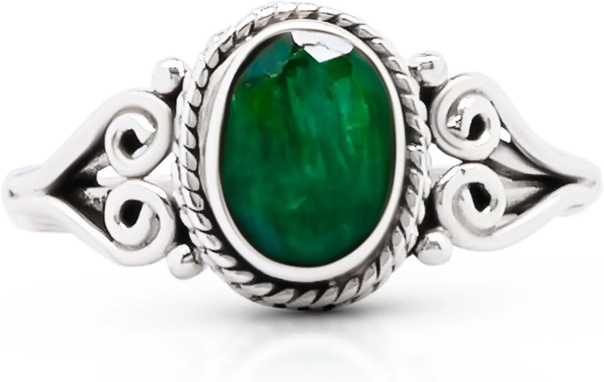 Oval Created Emerald - 925 Sterling Silver Ring - Delicate BOHO Chic Jewelry - Fashionable and Stylish for Women with Velvet Gift Bag/Box - Made by Indian Artisans - Size 6-9