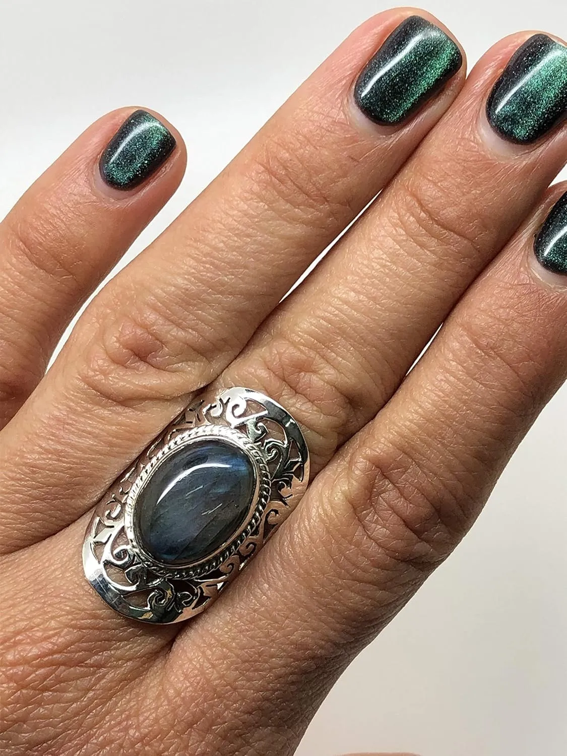 Oval Labradorite 925 Sterling Silver Lace Ring - Delicate BOHO Chic Jewelry - Fashionable and Stylish for Women with Velvet Gift Bag/Box - Made by Indian Artisans - Size 6-10