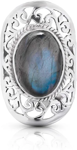 Oval Labradorite 925 Sterling Silver Lace Ring - Delicate BOHO Chic Jewelry - Fashionable and Stylish for Women with Velvet Gift Bag/Box - Made by Indian Artisans - Size 6-10