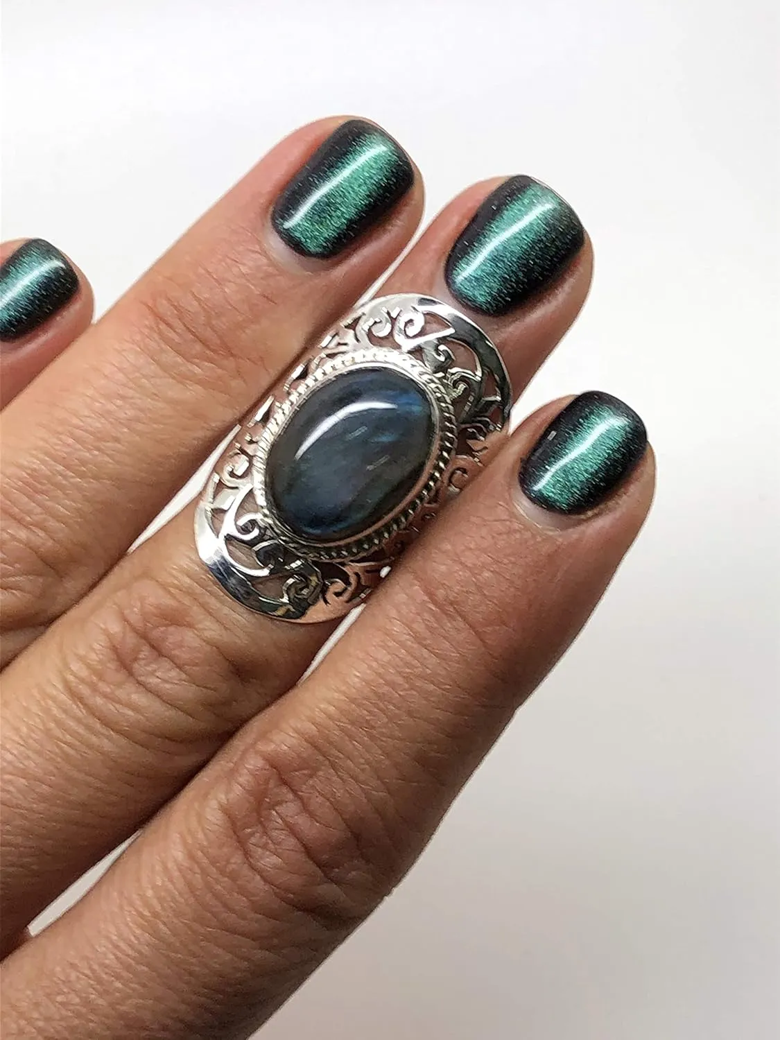 Oval Labradorite 925 Sterling Silver Lace Ring - Delicate BOHO Chic Jewelry - Fashionable and Stylish for Women with Velvet Gift Bag/Box - Made by Indian Artisans - Size 6-10