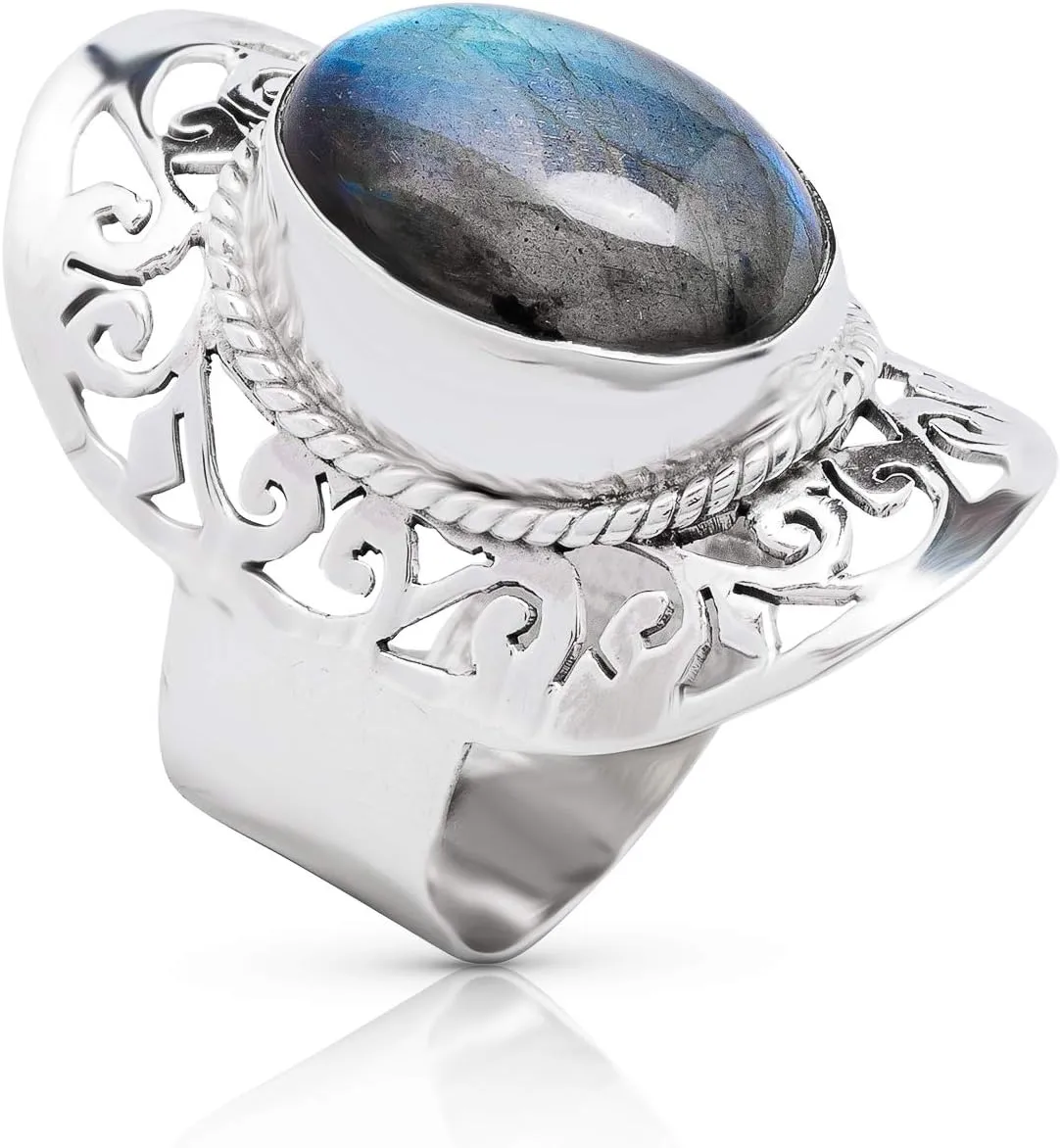 Oval Labradorite 925 Sterling Silver Lace Ring - Delicate BOHO Chic Jewelry - Fashionable and Stylish for Women with Velvet Gift Bag/Box - Made by Indian Artisans - Size 6-10