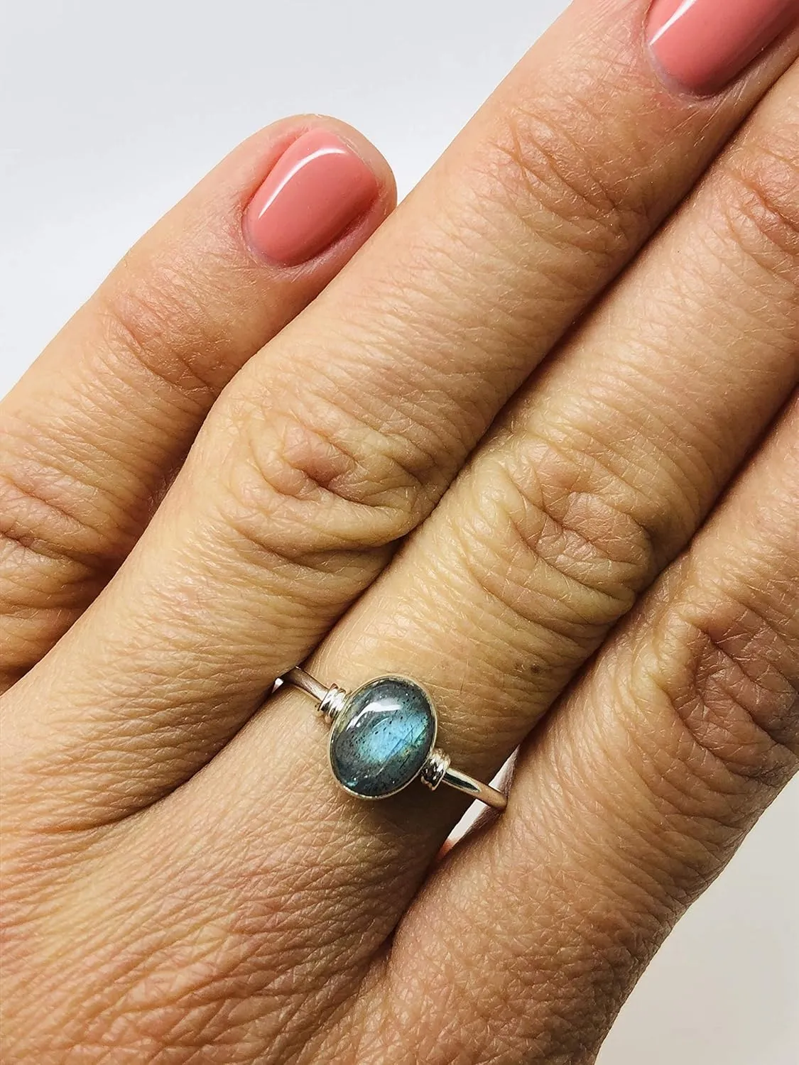 Oval Labradorite 925 Sterling Silver Ring - Delicate BOHO Chic Jewelry - Fashionable and Stylish for Women with Velvet Gift Bag/Box - Made by Indian Artisans - Size 4-9