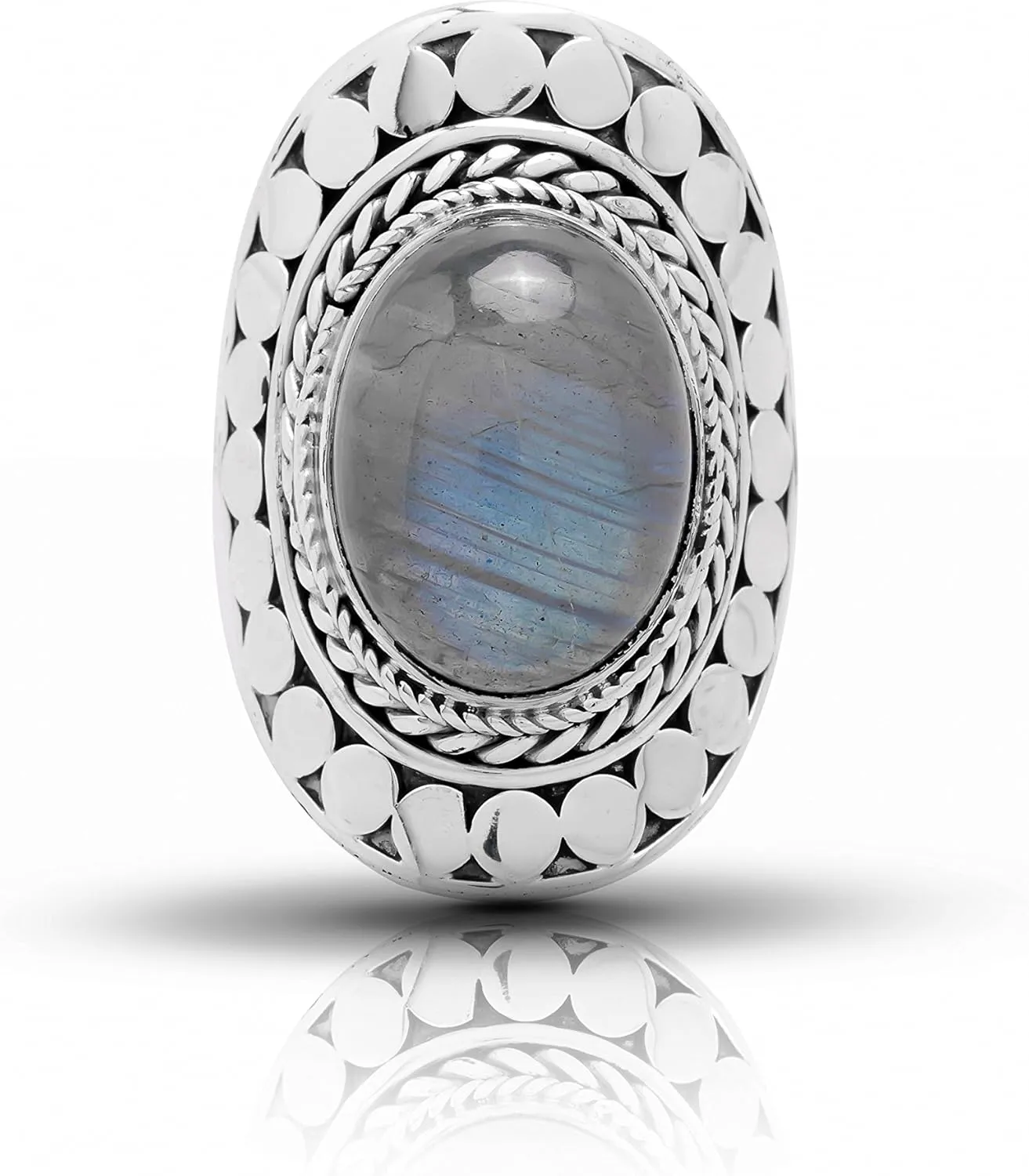 Oval Labradorite 925 Sterling Silver Ring - Ethnic BOHO Chic Jewelry - Fashionable and Stylish for Women with Velvet Gift Bag/Box - Made by Indian Artisans - Size 6-10
