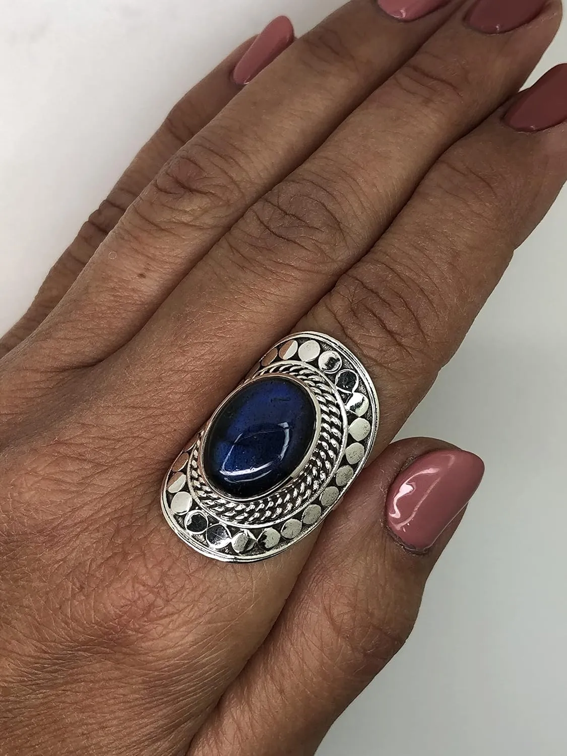 Oval Labradorite 925 Sterling Silver Ring - Ethnic BOHO Chic Jewelry - Fashionable and Stylish for Women with Velvet Gift Bag/Box - Made by Indian Artisans - Size 6-10