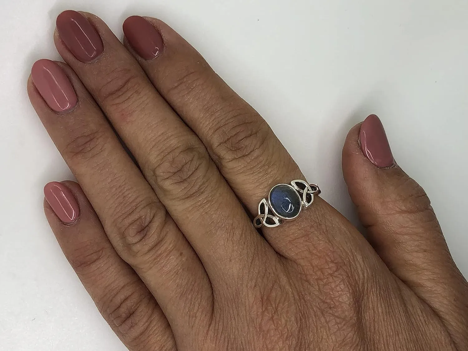 Oval Labradorite 925 Sterling Silver Triquetra Ring - Delicate BOHO Chic Jewelry - Fashionable and Stylish for Women with Velvet Gift Bag/Box - Made by Indian Artisans - Size 6-9