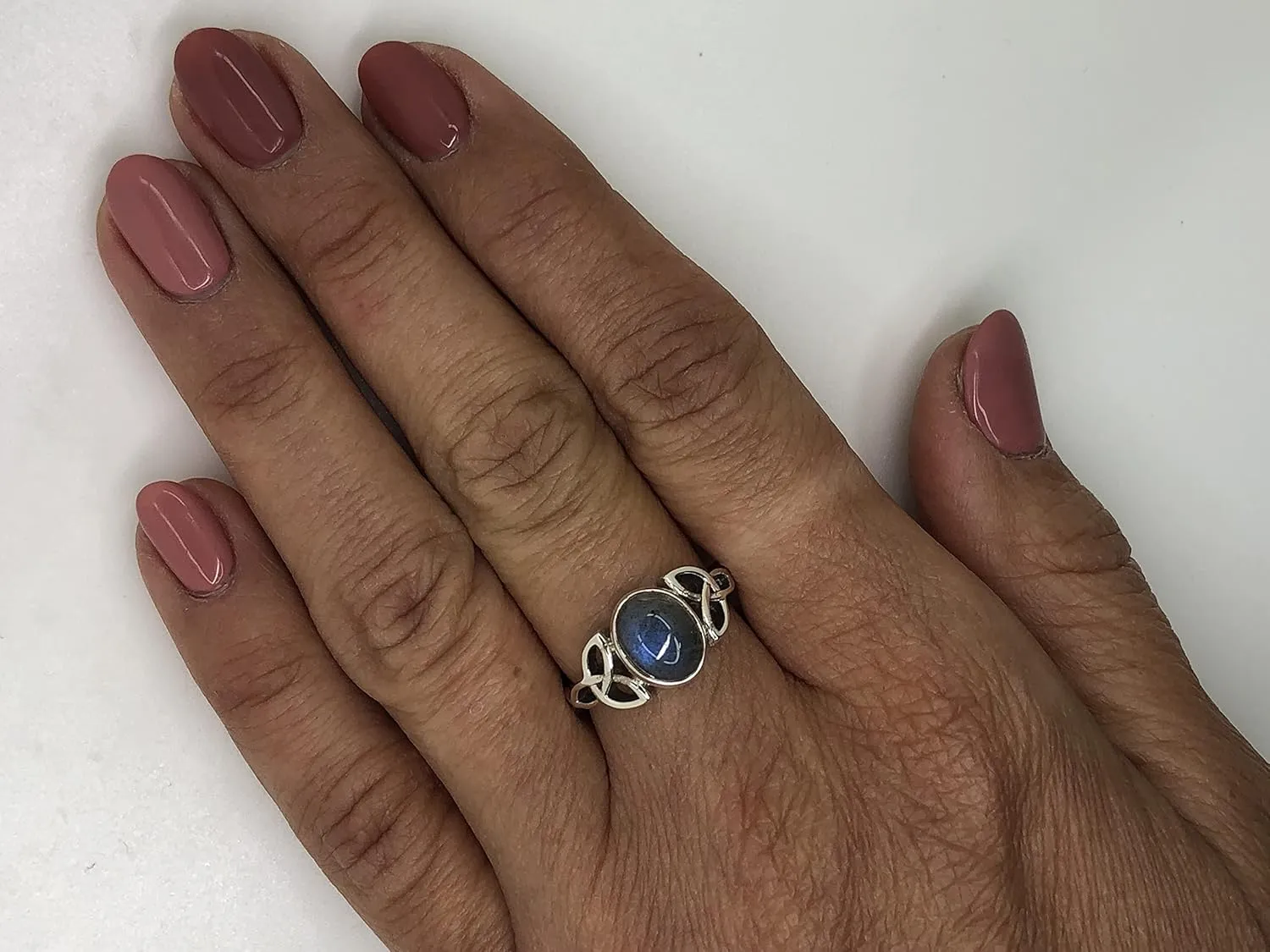 Oval Labradorite 925 Sterling Silver Triquetra Ring - Delicate BOHO Chic Jewelry - Fashionable and Stylish for Women with Velvet Gift Bag/Box - Made by Indian Artisans - Size 6-9