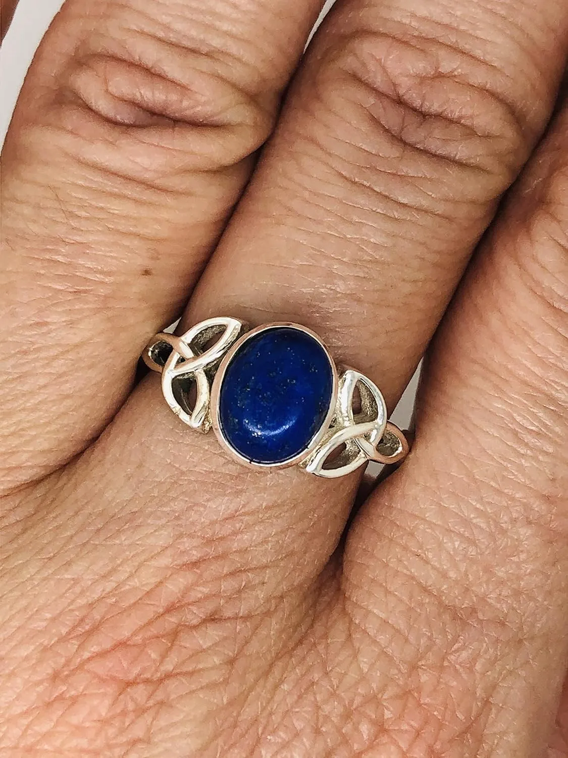 Oval Lapis Lazuli Triquetra 925 Sterling Silver Ring - Delicate BOHO Chic Jewelry - Fashionable and Stylish for Women with Velvet Gift Bag - Made by Indian Artisans - Size 5-10