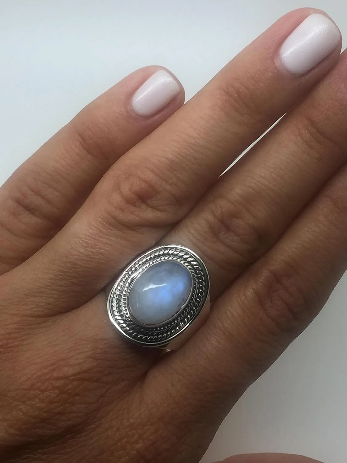 Oval Moonstone - 925 Sterling Silver Ethnic Ring - Gipsy BOHO Chic Jewelry - Fashionable and Stylish for Women with Velvet Gift Bag/Box - Made by Indian Artisans - Size 6-10