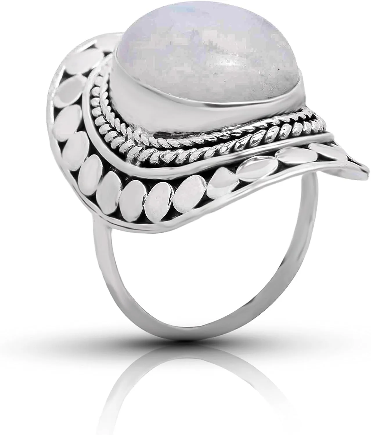 Oval Moonstone 925 Sterling Silver Ring - Ethnic Tribal BOHO Chic Jewelry - Fashionable and Stylish for Women with Velvet Gift Bag/Box - Made by Indian Artisans - Size 6-10