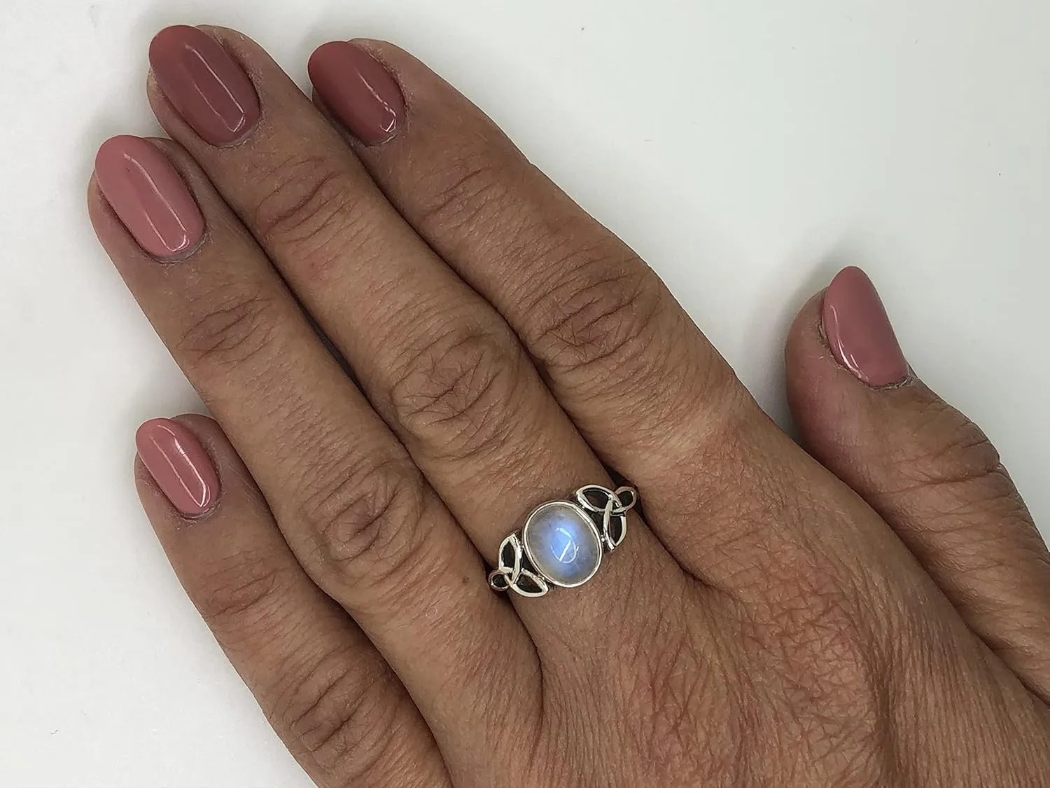 Oval Moonstone 925 Sterling Silver Triquetra Ring - Delicate BOHO Chic Jewelry - Fashionable and Stylish for Women with Velvet Gift Bag/Box - Made by Indian Artisans - Size 6-9