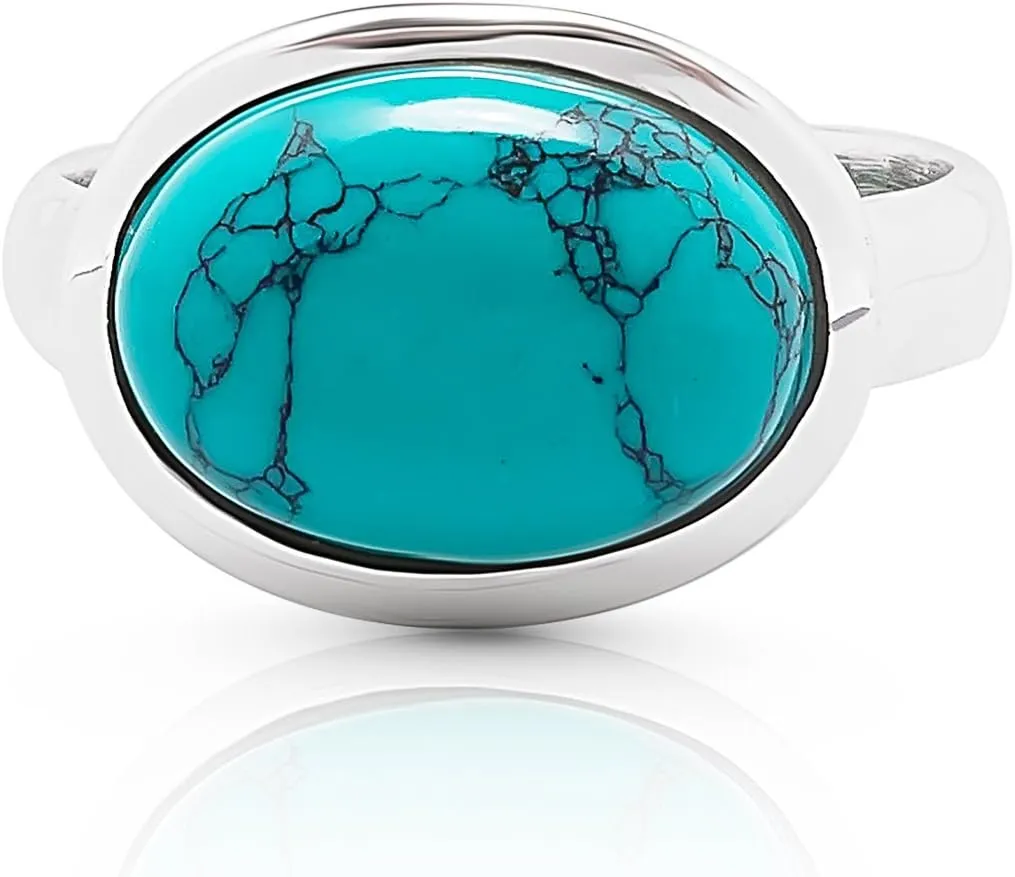 Oval Synthetic Turquoise 925 Sterling Silver Ring - BOHO Chic Jewelry - Fashionable and Stylish for Women with Velvet Gift Bag/Box - Made by Indian Artisans - Size 6-10