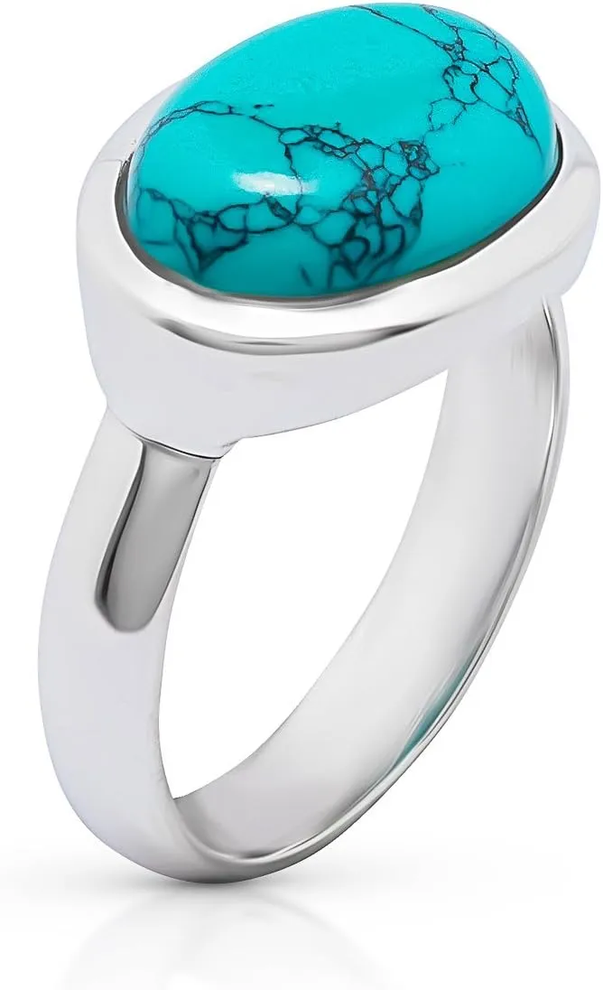 Oval Synthetic Turquoise 925 Sterling Silver Ring - BOHO Chic Jewelry - Fashionable and Stylish for Women with Velvet Gift Bag/Box - Made by Indian Artisans - Size 6-10