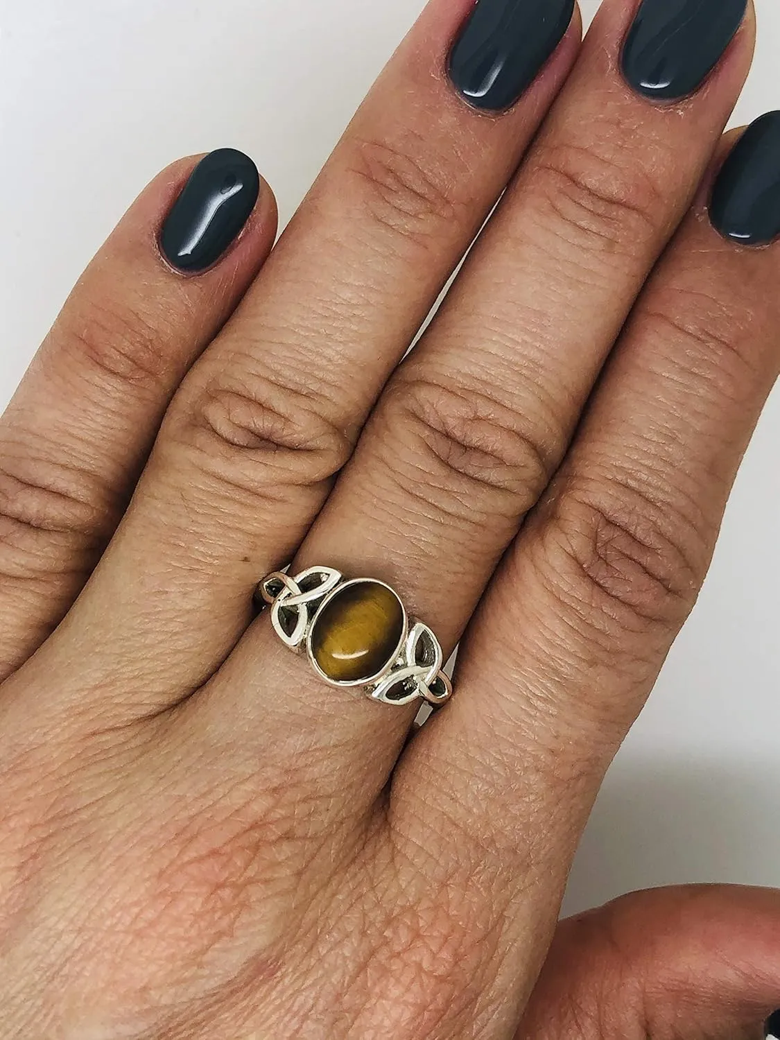 Oval Tiger Eye Triquetra 925 Sterling Silver Ring - Delicate BOHO Chic Jewelry - Fashionable and Stylish for Women with Velvet Gift Bag - Made by Indian Artisans - Size 5-9