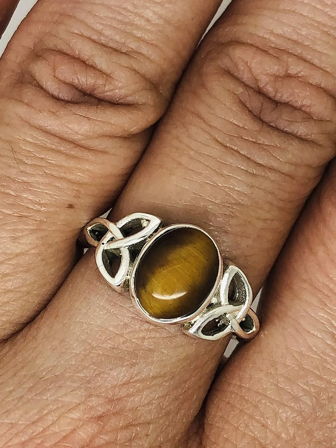 Oval Tiger Eye Triquetra 925 Sterling Silver Ring - Delicate BOHO Chic Jewelry - Fashionable and Stylish for Women with Velvet Gift Bag - Made by Indian Artisans - Size 5-9