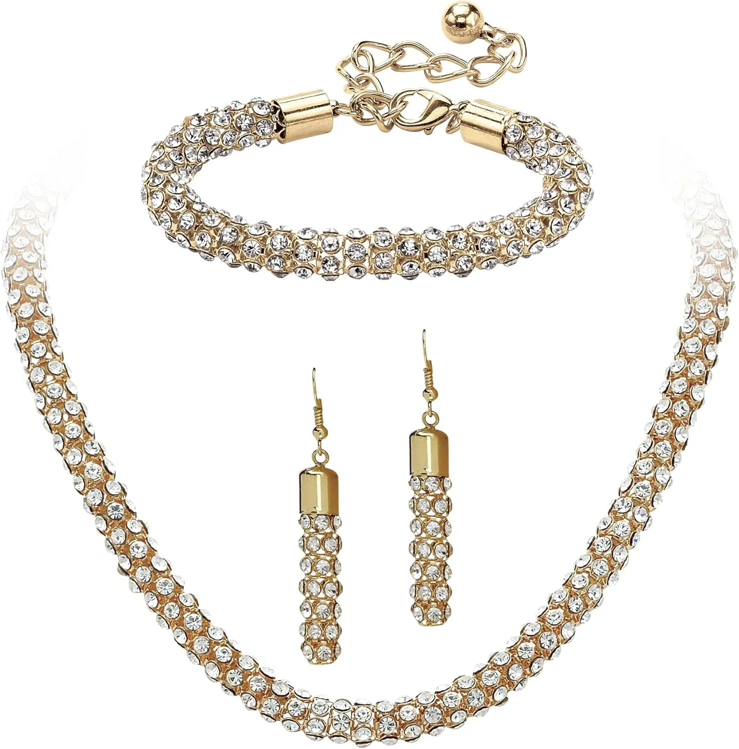 PalmBeach Goldtone Tube Link Crystal Drop Earring, Bracelet and Necklace Set (8mm), Lobster Claw Clasp, 18 inches Plus Extension