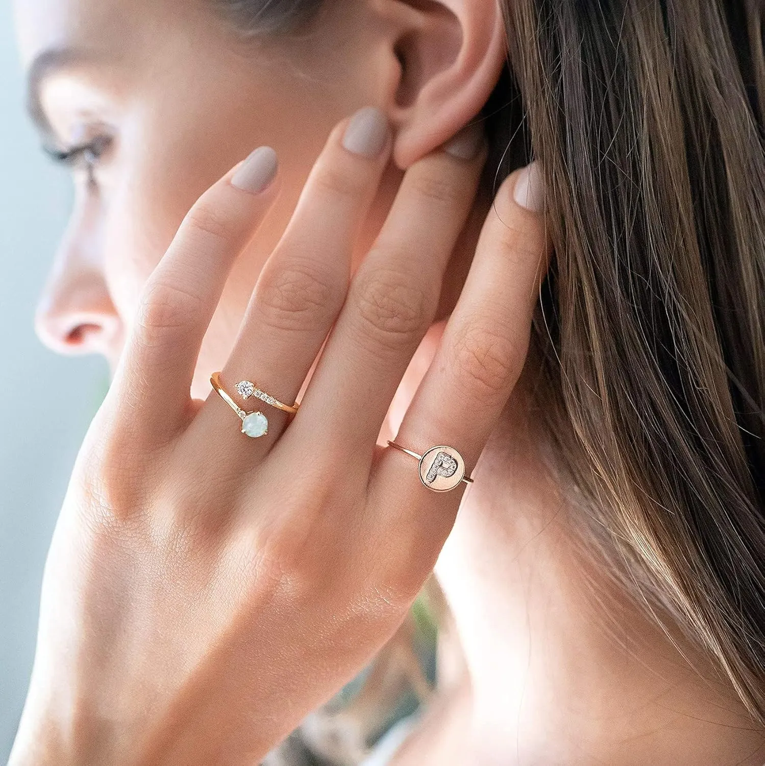 PAVOI 14K Gold Plated Adjustable Created Opal Rings - Stacking Rings for Women