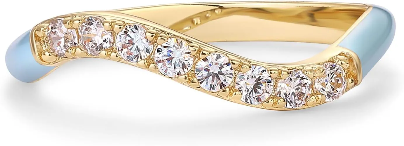 PAVOI 14K Gold Plated Stackable Rings for Women | Open Twist Wavy Colored Enamel and Cubic Zirconia Rings | Blue White Purple Enamel Eternity Bands