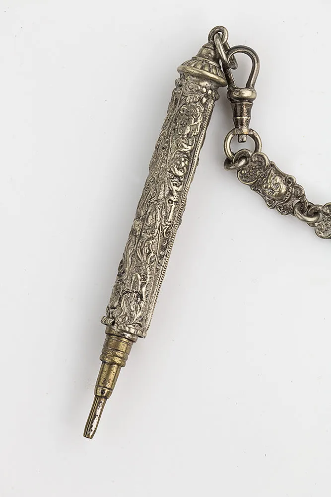 pdvc462- Antique silver plated repousseé sewing chatelaine, 5 chains and tools