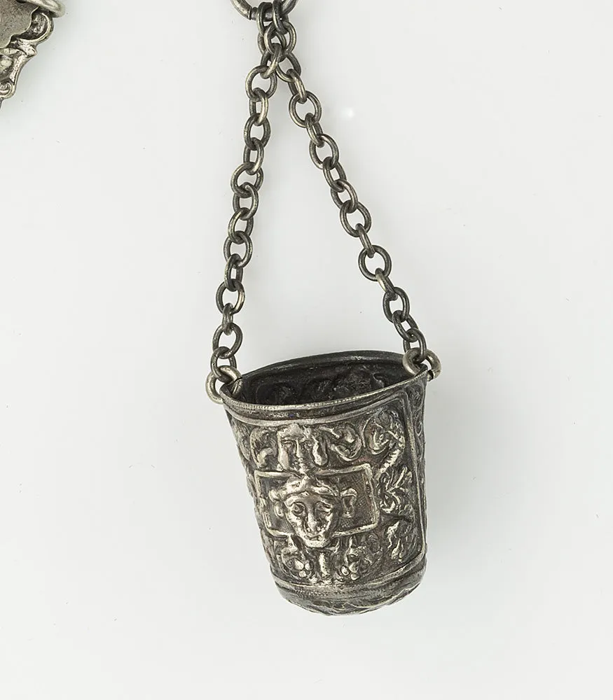 pdvc462- Antique silver plated repousseé sewing chatelaine, 5 chains and tools