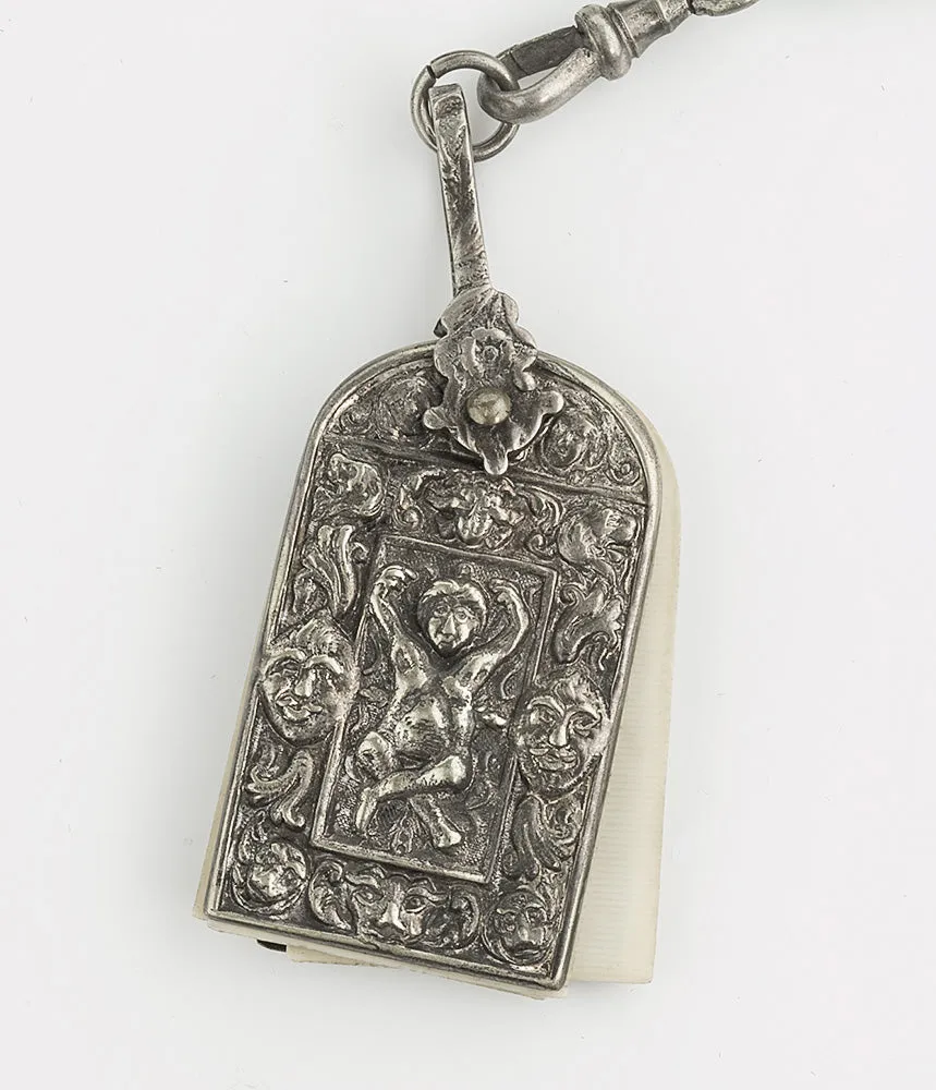 pdvc462- Antique silver plated repousseé sewing chatelaine, 5 chains and tools