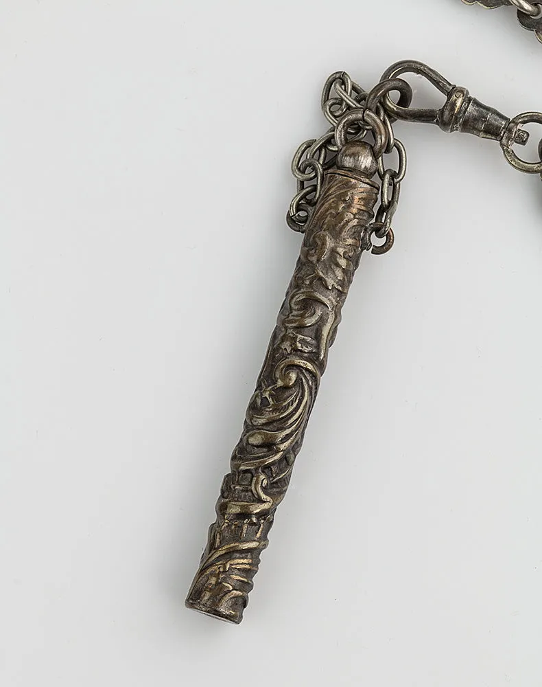 pdvc462- Antique silver plated repousseé sewing chatelaine, 5 chains and tools