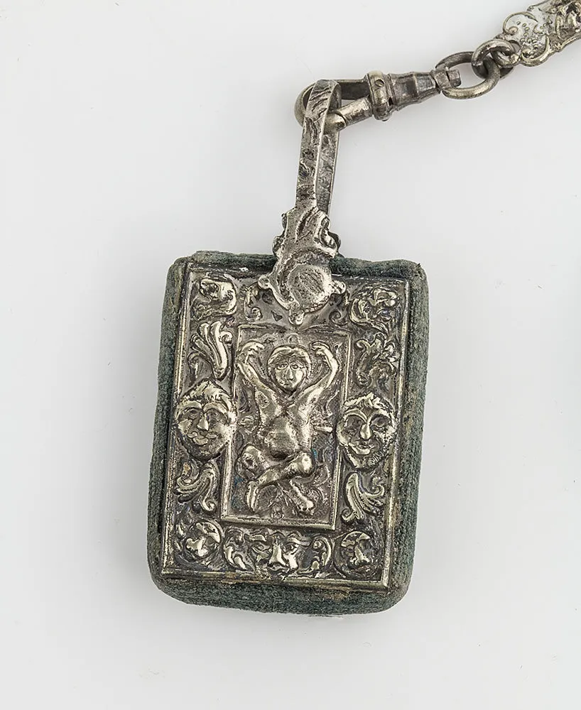pdvc462- Antique silver plated repousseé sewing chatelaine, 5 chains and tools