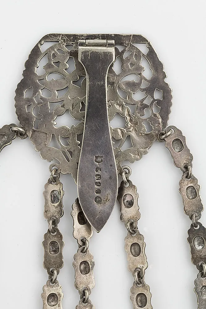 pdvc462- Antique silver plated repousseé sewing chatelaine, 5 chains and tools