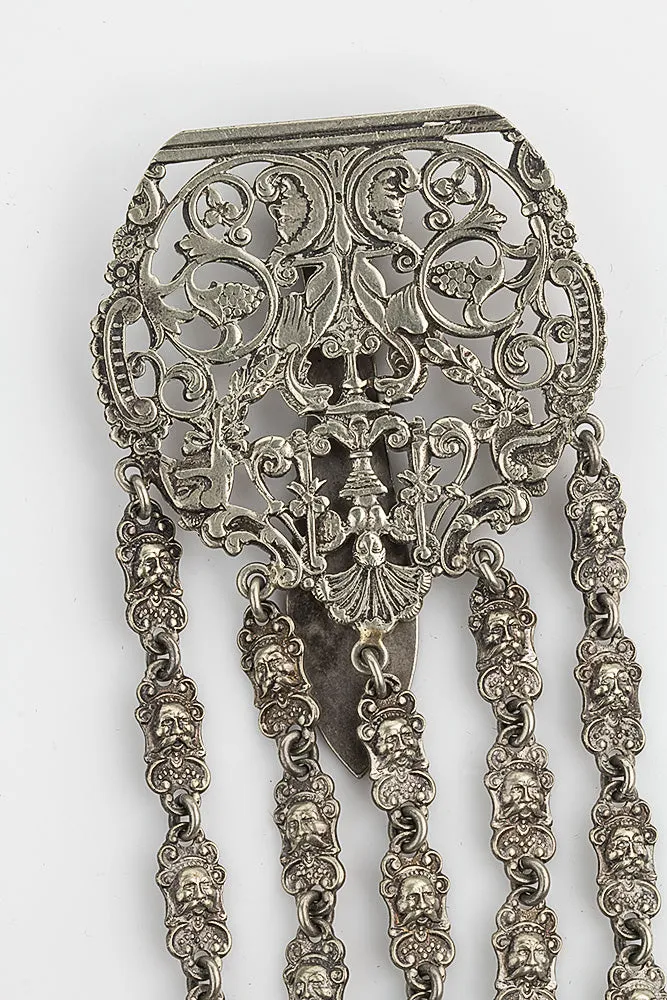 pdvc462- Antique silver plated repousseé sewing chatelaine, 5 chains and tools