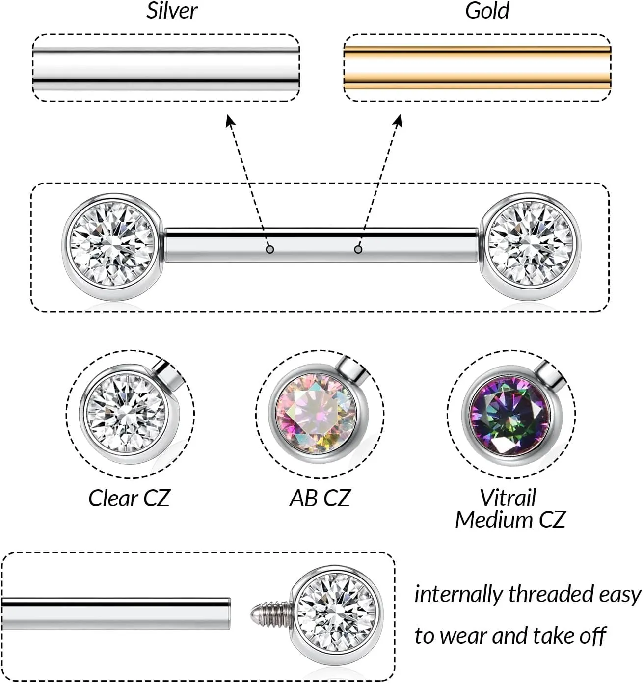 PEAKLINK 14G Titanium Nipple Rings & Barbell - CZ Opal Bridge Piercing Jewelry - Straight Internally Threaded - 12-18mm