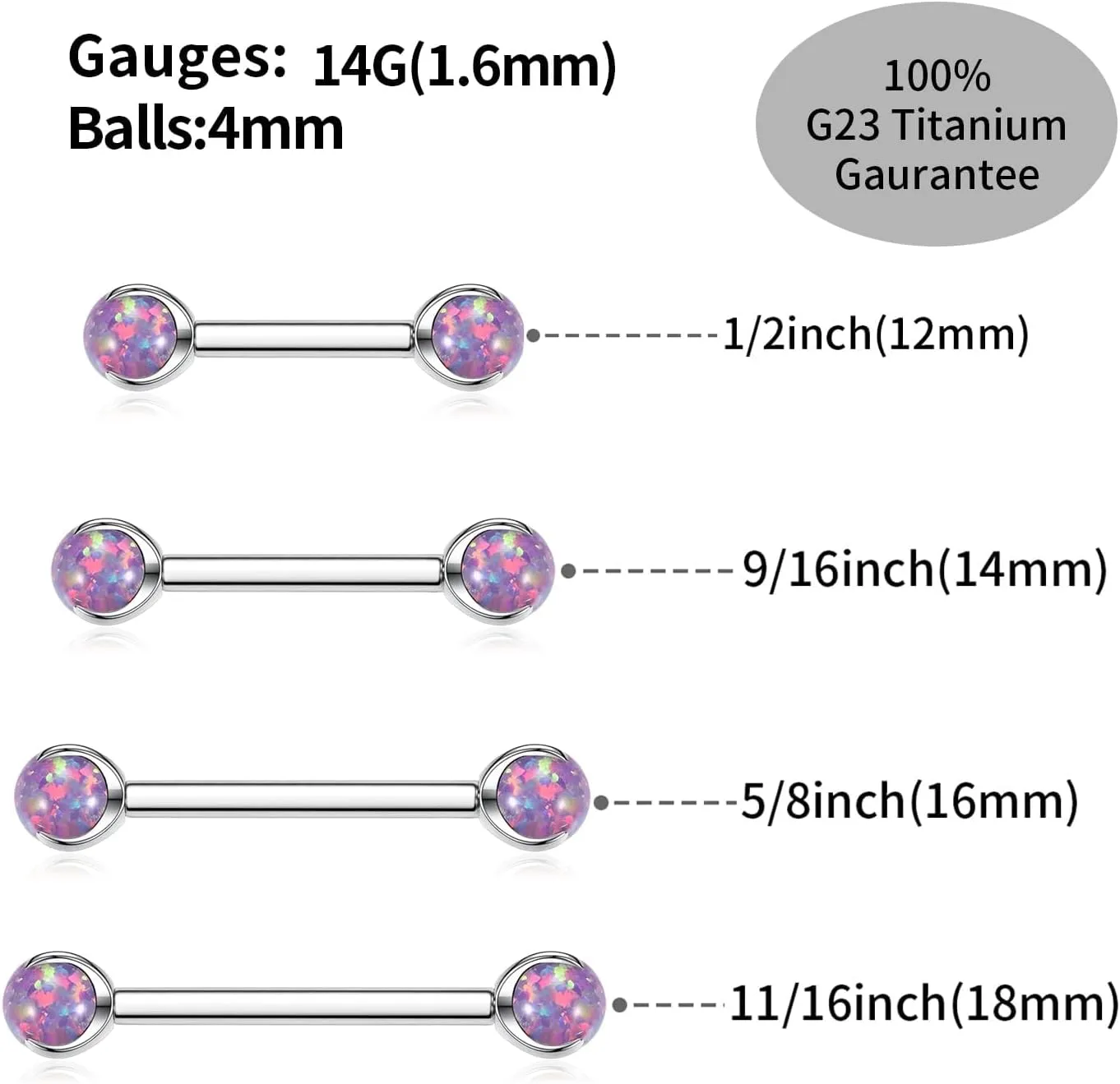 PEAKLINK 14G Titanium Nipple Rings & Barbell - CZ Opal Bridge Piercing Jewelry - Straight Internally Threaded - 12-18mm