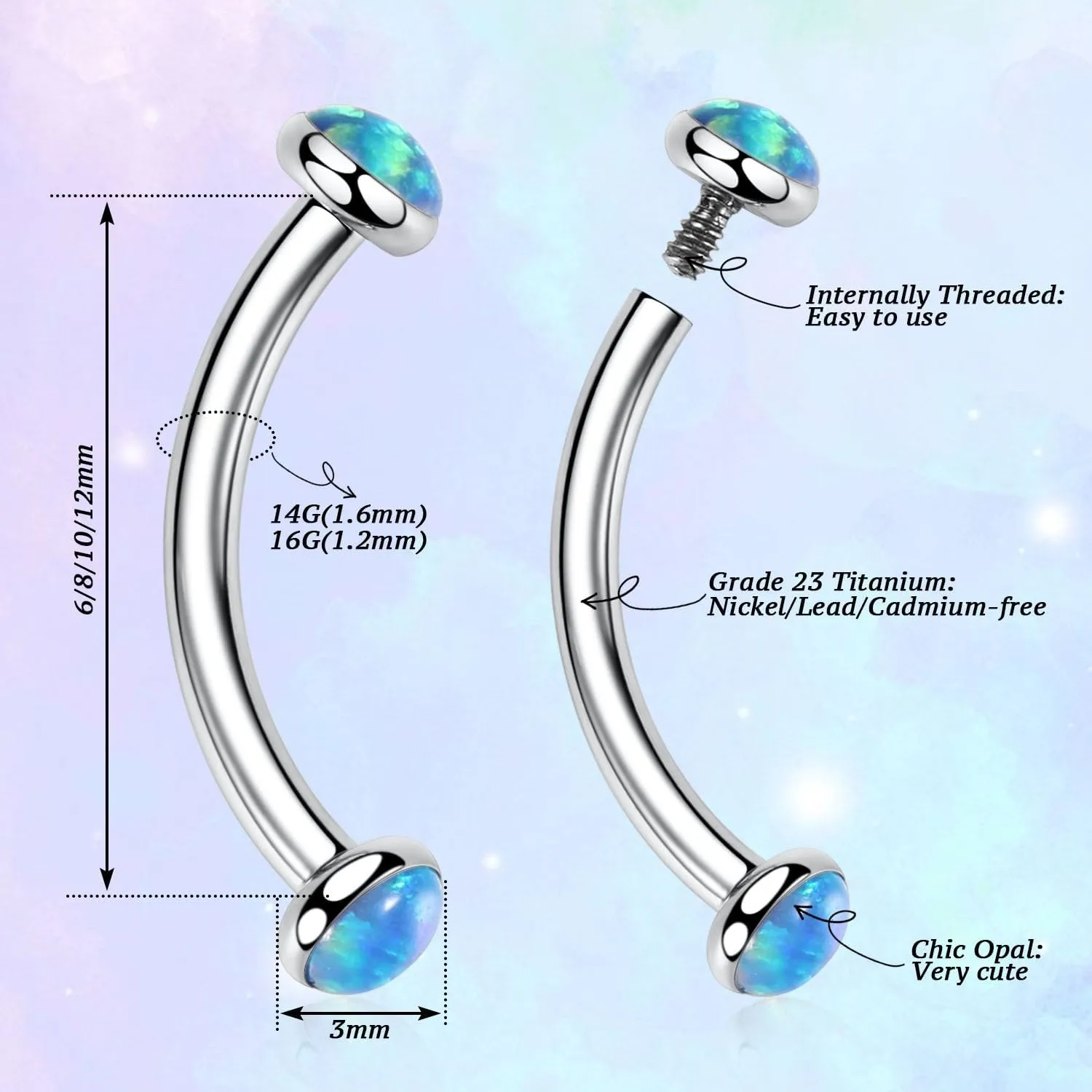 PEAKLINK G23 Titanium Eyebrow Piercing Jewelry - Curved Barbell 16G Eyebrow & Belly Button Rings - 6mm-12mm