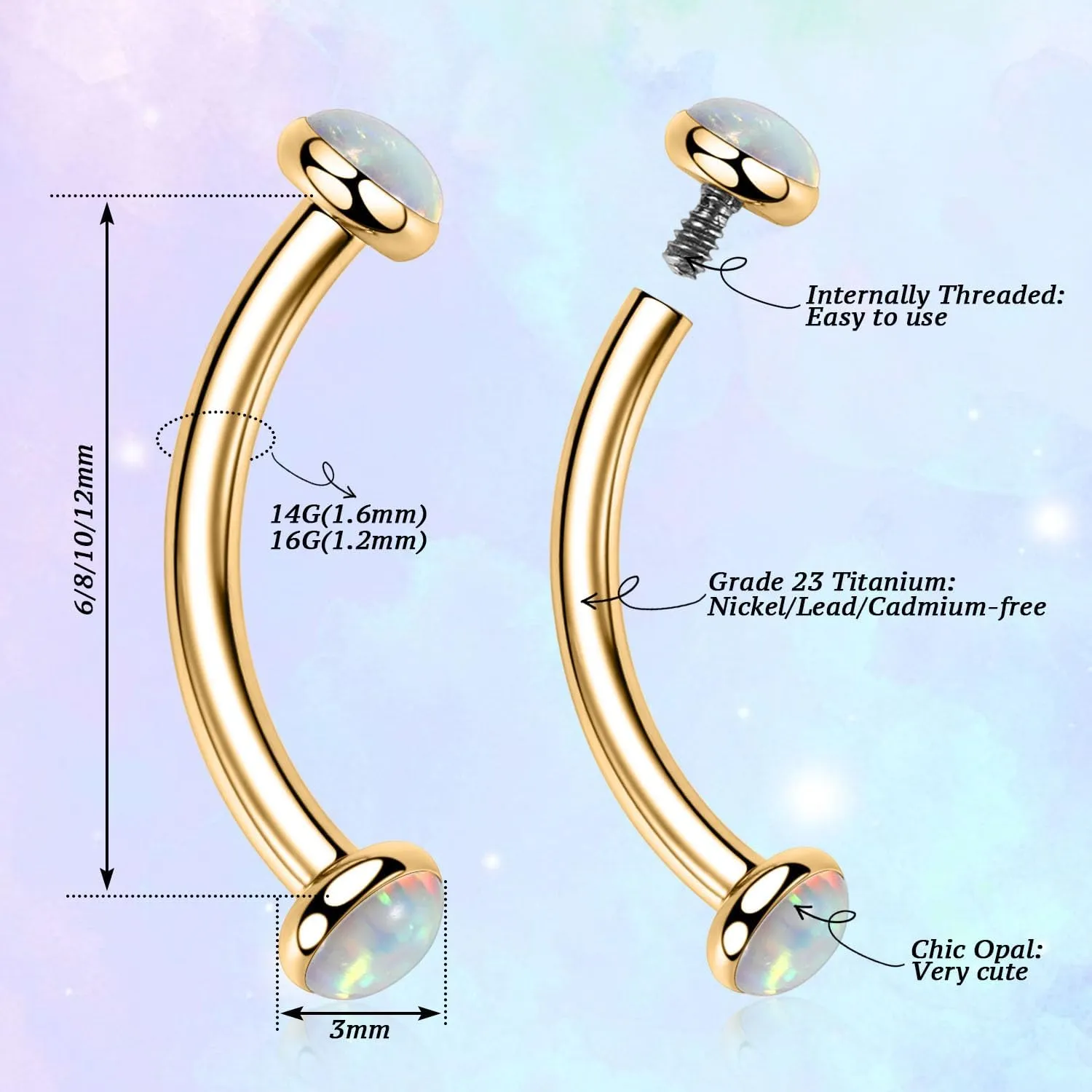 PEAKLINK G23 Titanium Eyebrow Piercing Jewelry - Curved Barbell 16G Eyebrow & Belly Button Rings - 6mm-12mm