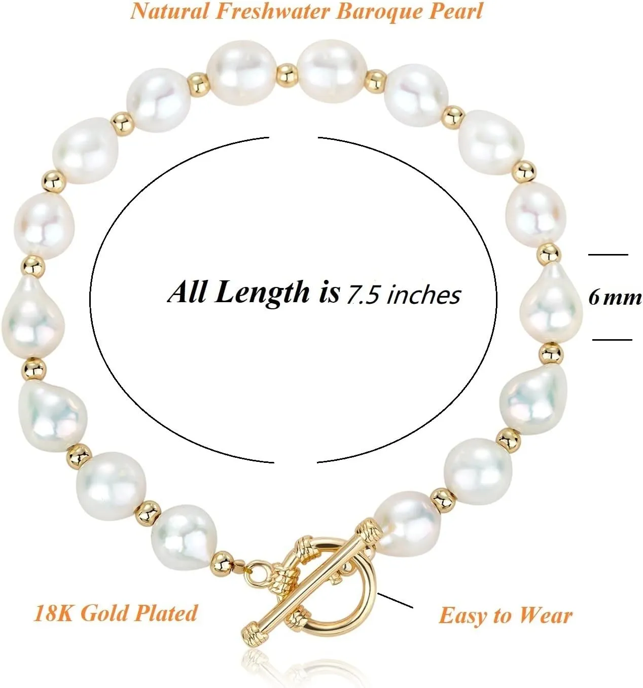 Pearl Bracelet 6mm Handpicked Pearl Chain 18k Gold Plated Delicate Vintage Y2k Jewelry Gifts for Mom Women Girls