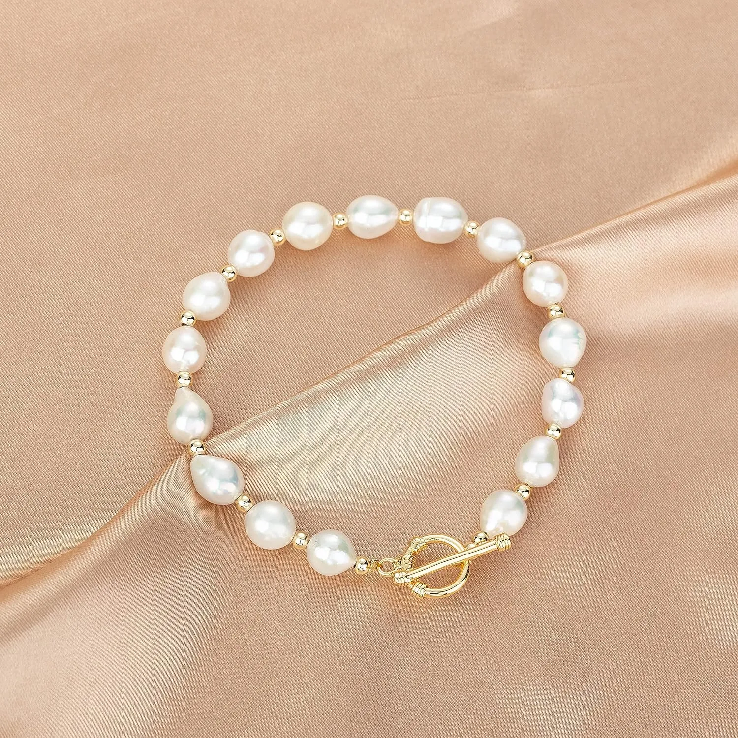 Pearl Bracelet 6mm Handpicked Pearl Chain 18k Gold Plated Delicate Vintage Y2k Jewelry Gifts for Mom Women Girls