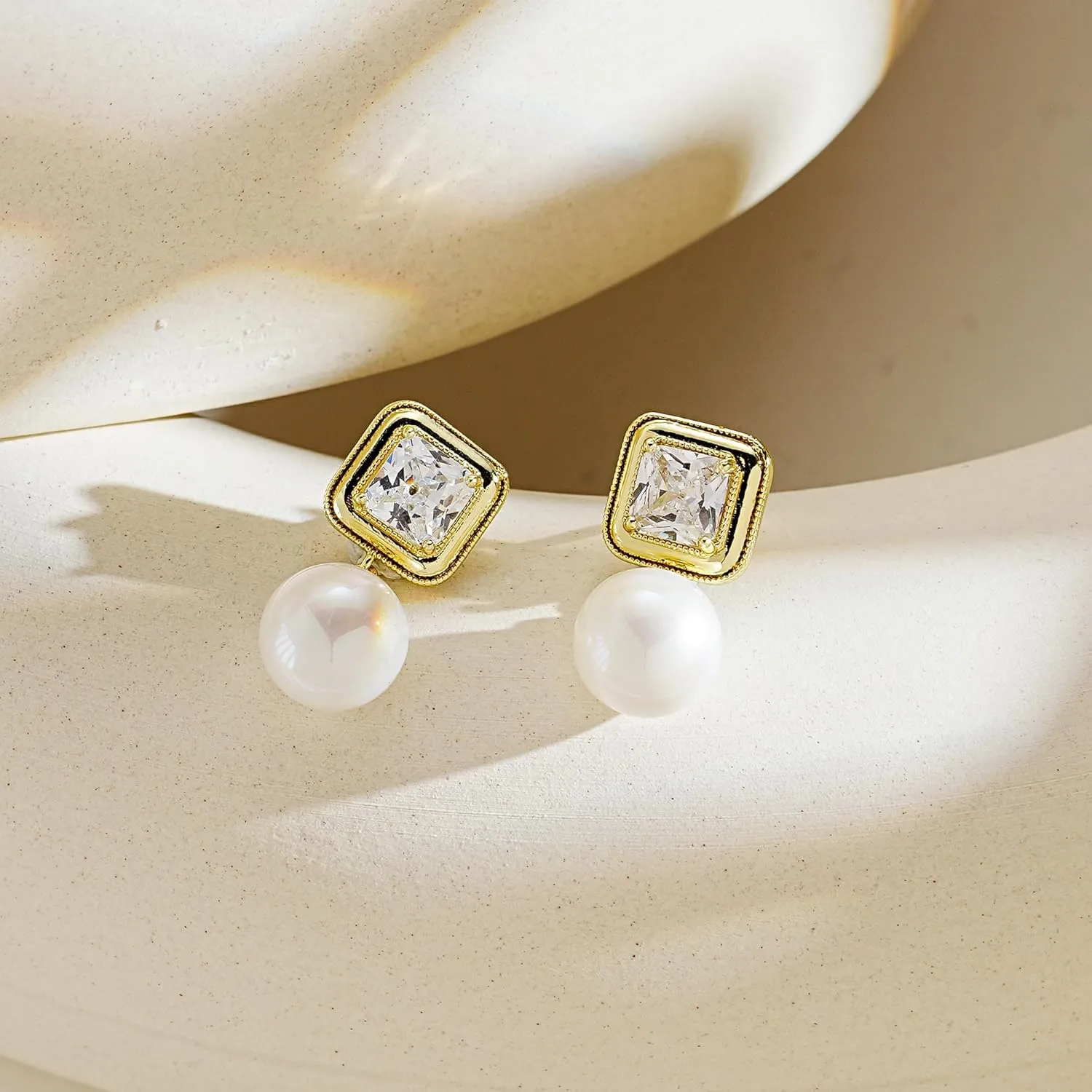 Pearl Earrings for Women, 14K Gold Plated Pearl Drop Dangle Earrings Zircon Pearl Stud Earrings Trendy Hypoallergenic Wedding Gold Hoop Earrings for Women Bridesmaid Jewelry Gift