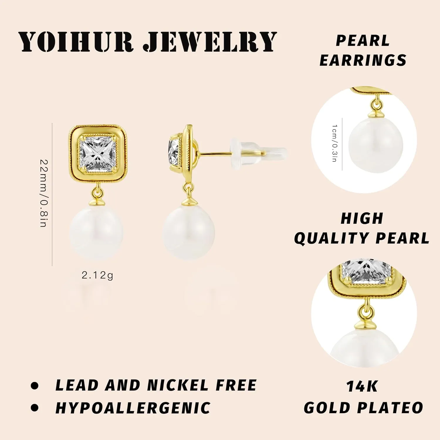 Pearl Earrings for Women, 14K Gold Plated Pearl Drop Dangle Earrings Zircon Pearl Stud Earrings Trendy Hypoallergenic Wedding Gold Hoop Earrings for Women Bridesmaid Jewelry Gift