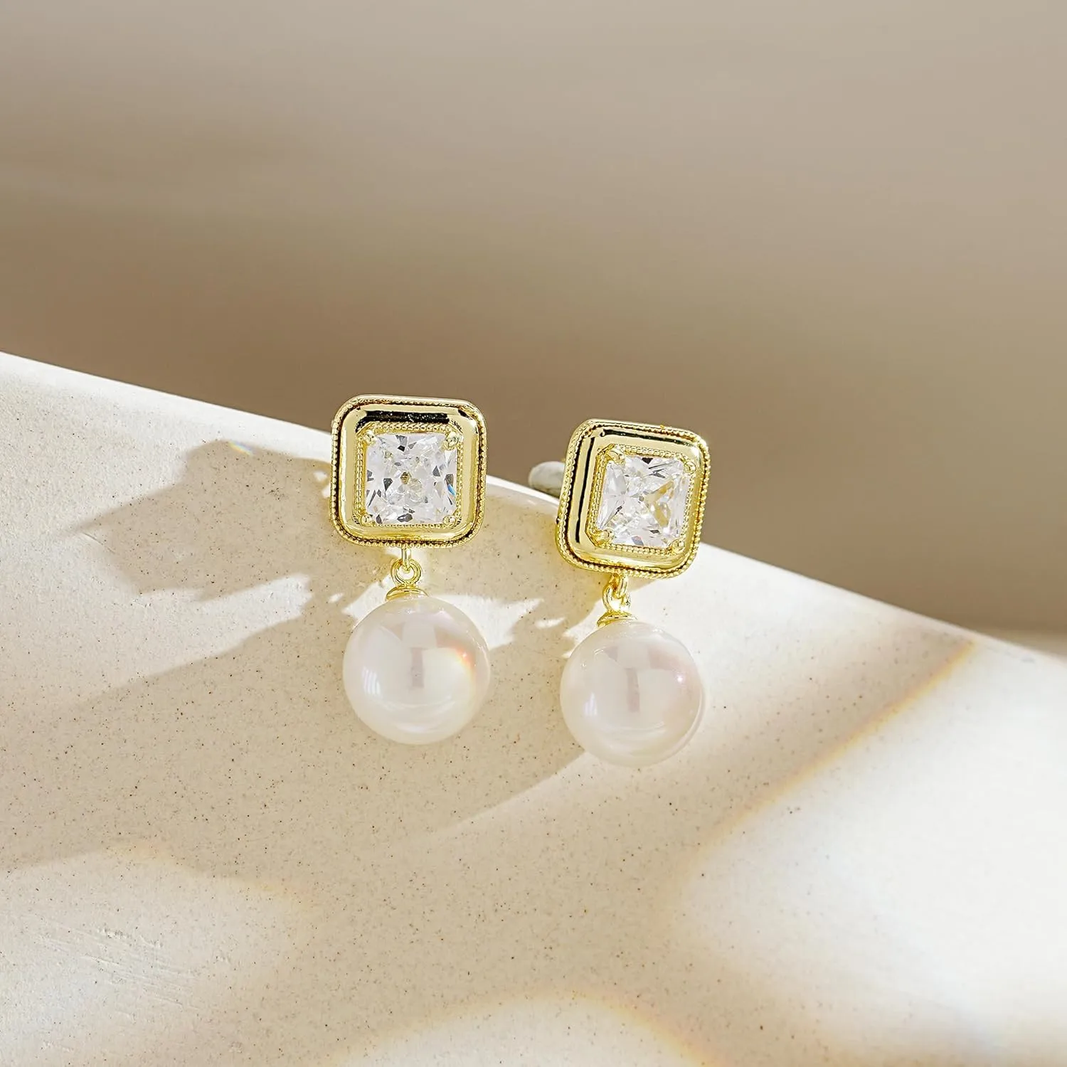 Pearl Earrings for Women, 14K Gold Plated Pearl Drop Dangle Earrings Zircon Pearl Stud Earrings Trendy Hypoallergenic Wedding Gold Hoop Earrings for Women Bridesmaid Jewelry Gift