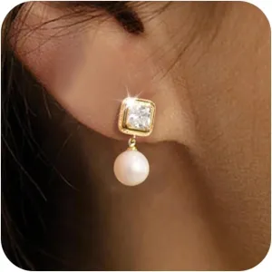 Pearl Earrings for Women, 14K Gold Plated Pearl Drop Dangle Earrings Zircon Pearl Stud Earrings Trendy Hypoallergenic Wedding Gold Hoop Earrings for Women Bridesmaid Jewelry Gift